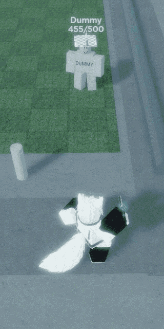 a white dummy is standing in front of a green field