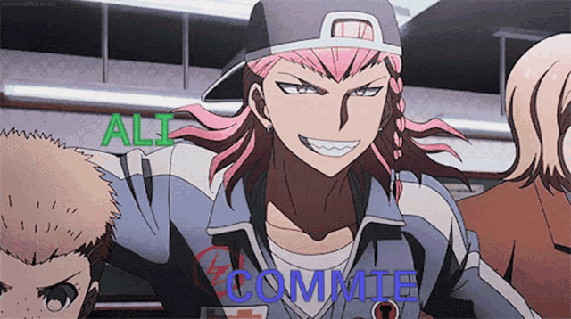 a cartoon character with pink hair and the word commit on the bottom right