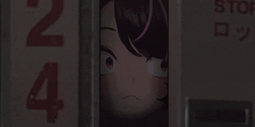 a girl with purple hair is peeking out from behind a sign that says 24