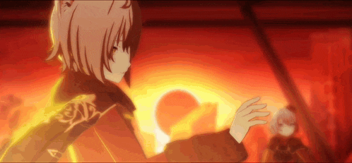 a girl with a cat ear is standing in front of a fire
