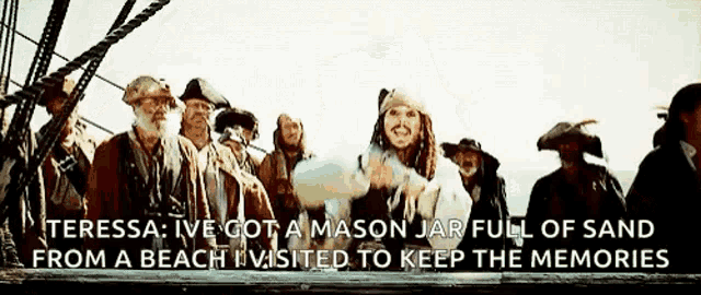 a group of pirates are on a boat and one of them is holding a mason jar full of sand