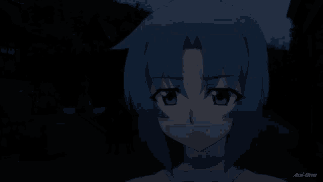 a girl with blue hair is standing in the dark with an arrow pointing to the right of her