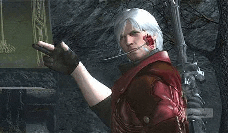 dante from devil may cry 4 is holding a rose in his mouth and pointing at something .