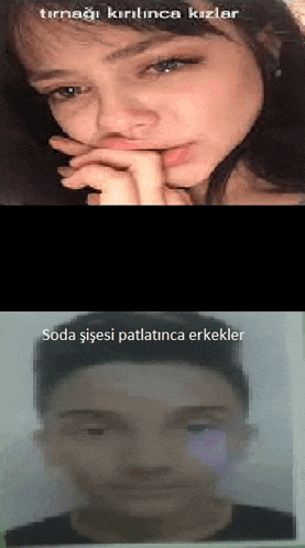 a girl and a boy are looking at the camera with a caption that says `` soda şişesi patlatınca erkekler '' .