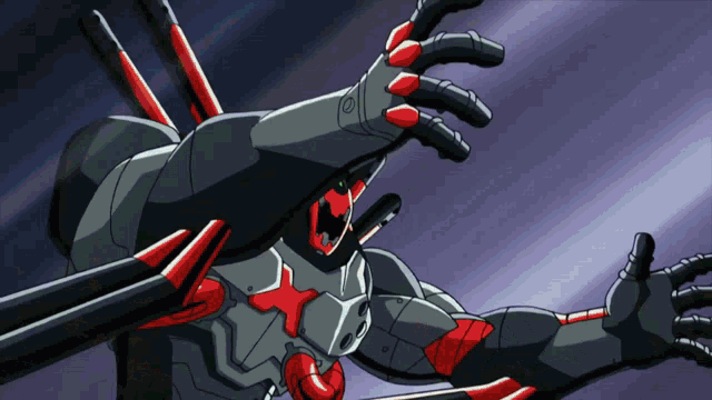 a cartoon drawing of a robot with red spikes on its arms