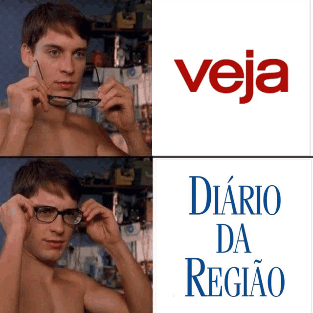 a man adjusts his glasses in front of a veja logo