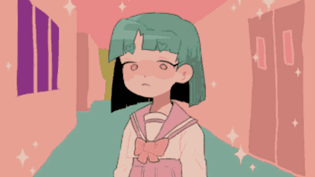 a girl with green hair is standing in a hallway between two doors