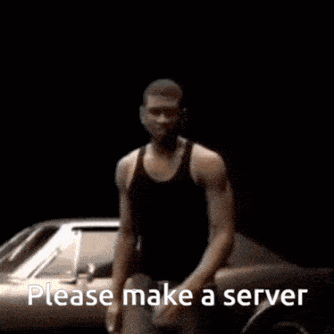a man is dancing in front of a car with the words please make a server written below him