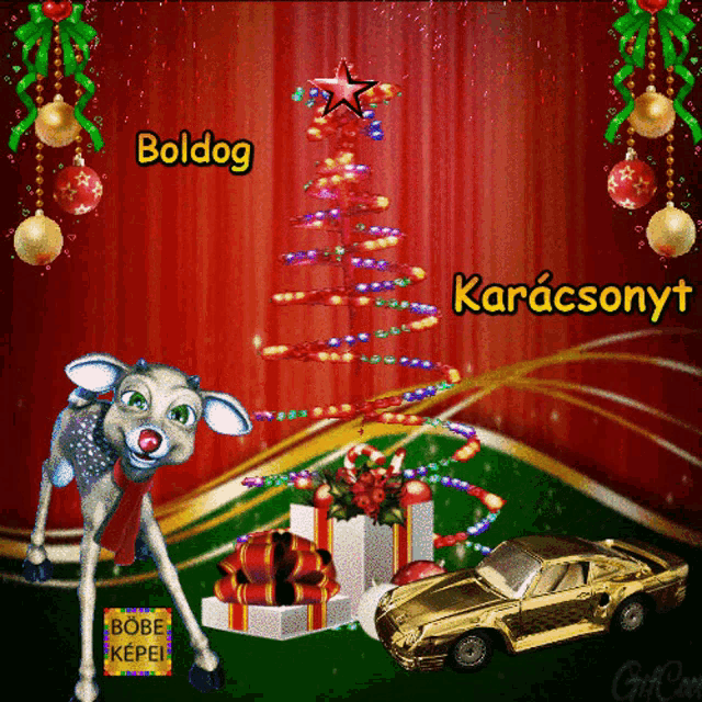 a christmas card with a deer and a christmas tree and the words boldog karacsonyt