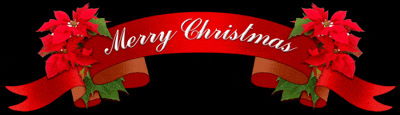 a red banner that says merry christmas with poinsettia flowers