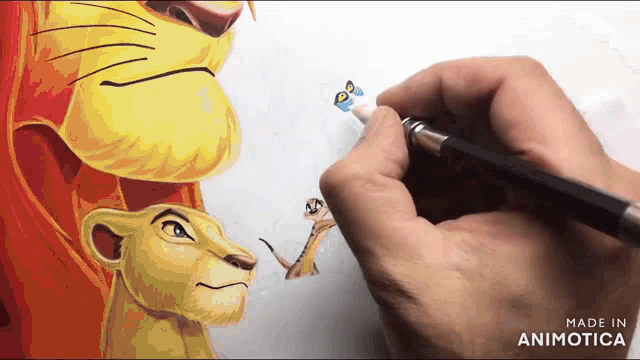 a person is drawing a picture of the lion king with a pen