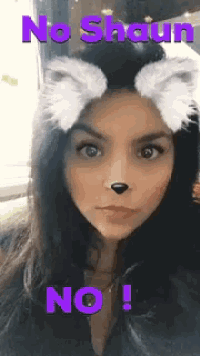 a woman with a filter on her face that says " no shaun no "