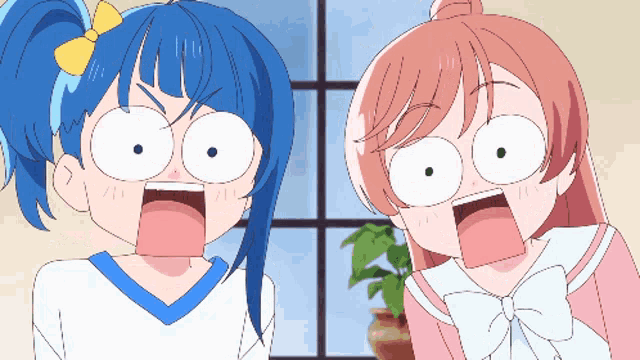 a blue haired girl and a pink haired girl with their mouths open
