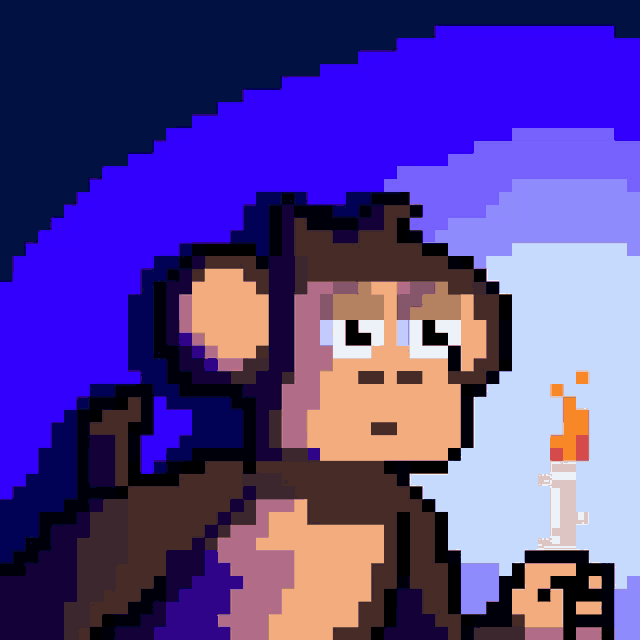 a pixel art of a monkey holding a candle with a blue background