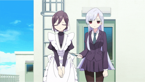 two anime girls are standing next to each other one is wearing a maid outfit and the other is in a suit