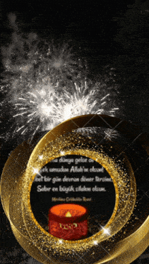 a candle is surrounded by gold rings with fireworks behind it