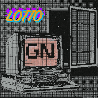 a computer with a screen that says gn on it