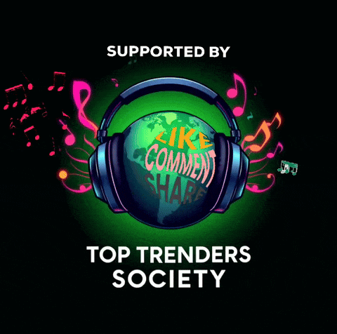 a poster that says top trenders society with headphones on a globe