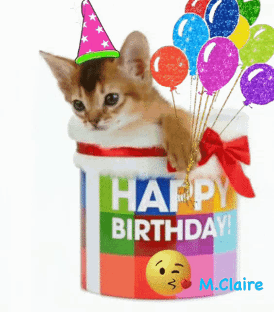 a kitten wearing a party hat is sitting in a happy birthday gift box