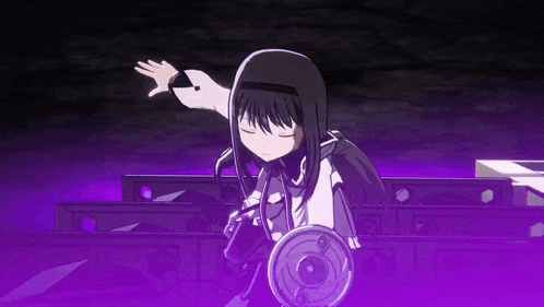 a girl with long black hair is holding a gun