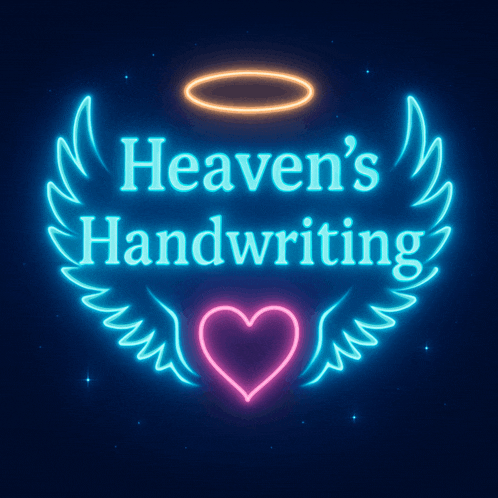 a neon sign that says heaven 's handwriting with angel wings and a heart