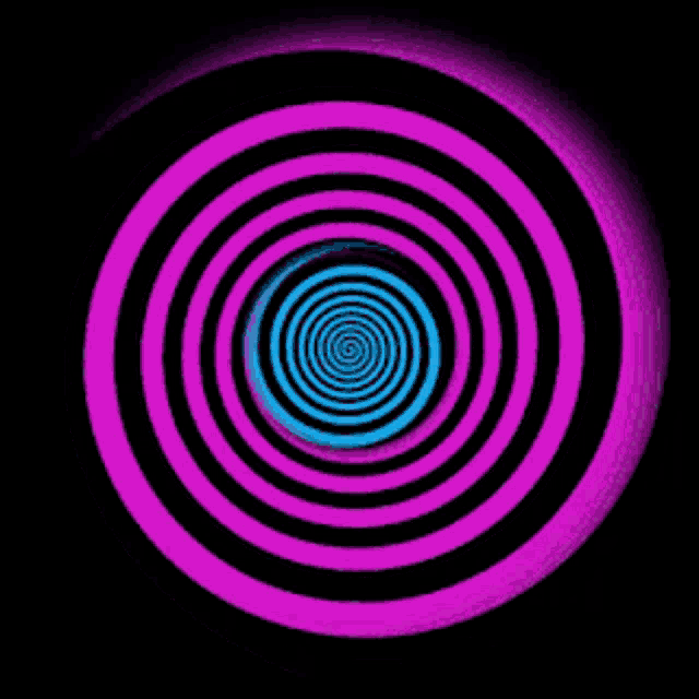 a purple and black optical illusion with a blue center on a black background .