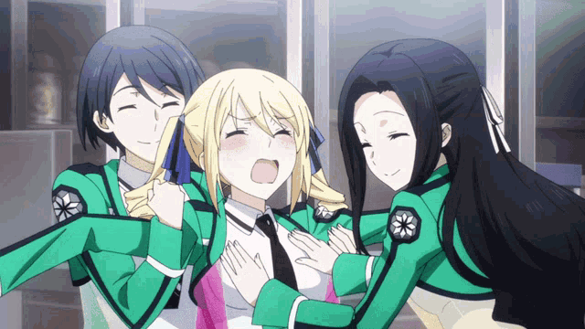 a group of anime girls are hugging each other and one of them is crying
