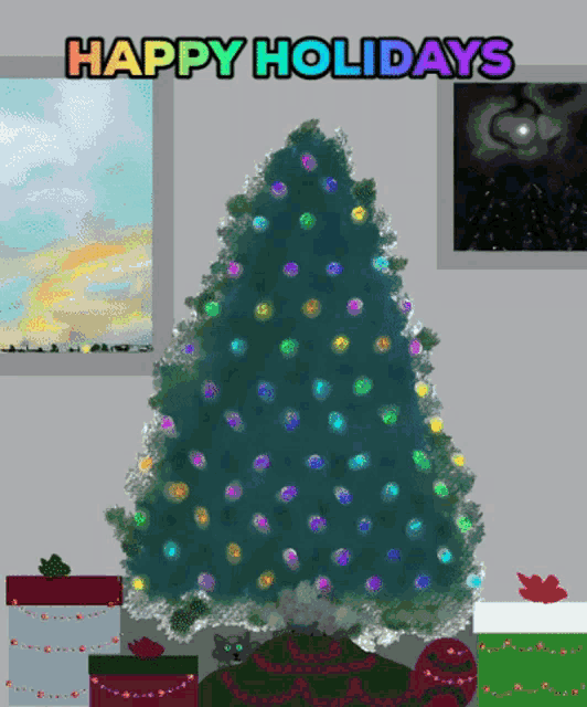 a happy holidays greeting card with a christmas tree and gifts