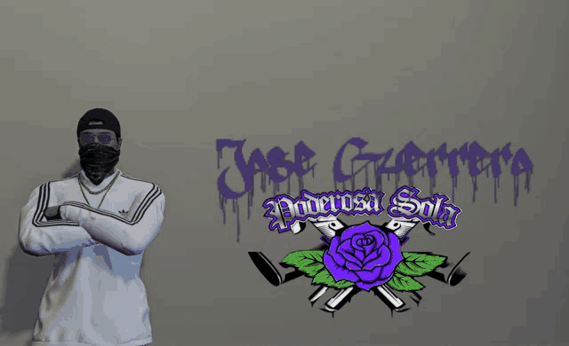 a man wearing a mask is standing in front of a wall that says jose guerrera