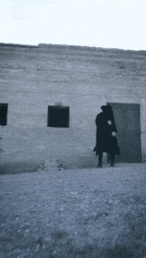 a man in a black coat stands in front of a brick wall