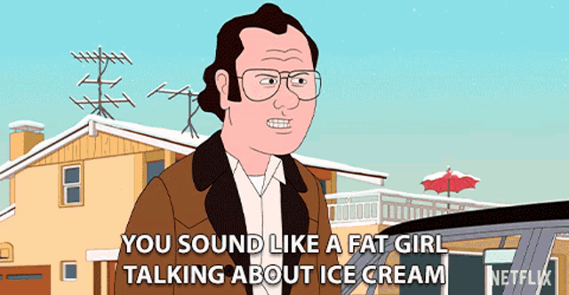 a cartoon man is talking about ice cream in front of a house