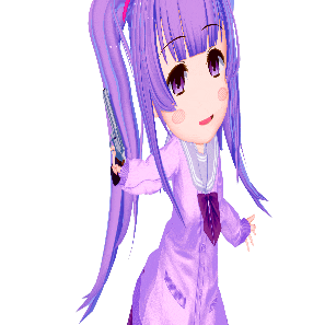 a girl with purple hair is holding a gun in her right hand