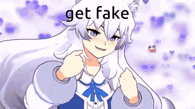 a cartoon of a girl with white hair and the words get fake behind her