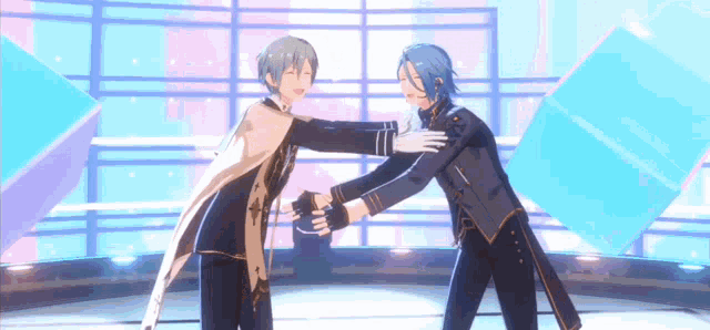 two anime characters are shaking hands on a stage .