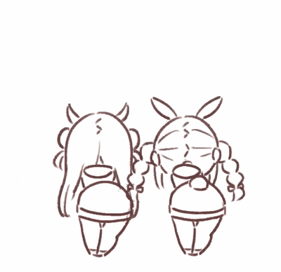 a black and white drawing of two girls standing next to each other on a white background .