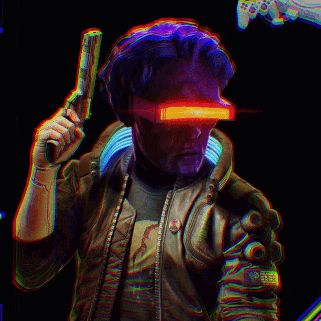 a man holding a gun and wearing a virtual reality headset that says ' playstation ' on it