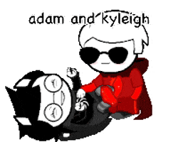 a pixel art of adam and kyleigh holding a black and white object