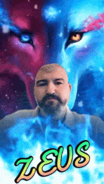 a man with a beard stands in front of a painting of a wolf with the name zeus on it