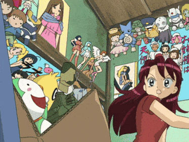 a girl in a red shirt is standing in front of a wall full of pictures