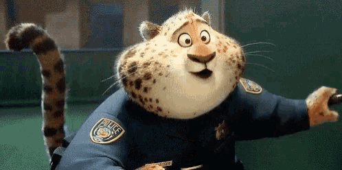 a cheetah in a police uniform is holding a baton