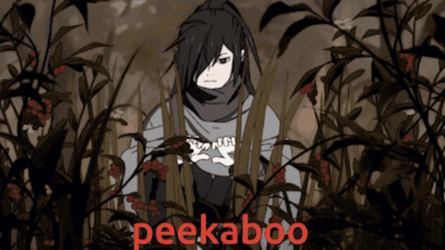 a drawing of a person in a field with the word peekaboo in red letters