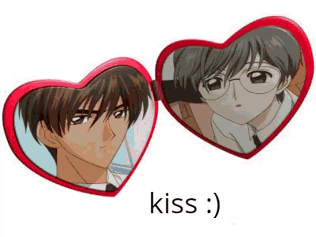 a pair of heart shaped mirrors with a picture of a boy and the word kiss below it