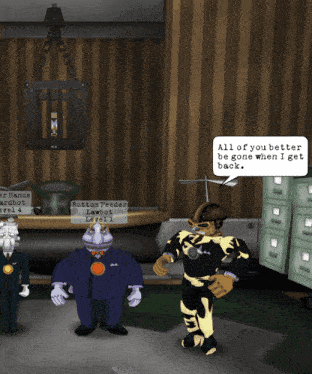 a cartoon character named bottom feeder lawbot is talking to another character
