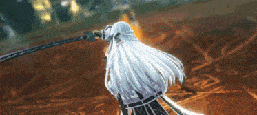 a girl with white hair is holding a sword in her hand .