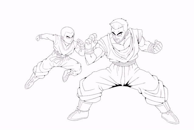a black and white drawing of a man and a boy fighting
