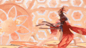 a girl in a red and blue dress is holding a bell and a sword .