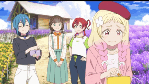 a group of anime girls are standing in a field of flowers