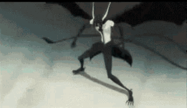 a black and white drawing of a monster with horns and wings .