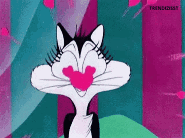 a cartoon cat with a heart in its mouth