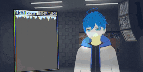 a blue haired anime character stands in front of a best chat window